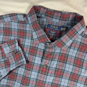 Polo Ralph Lauren Mens 4XLT Blue Red Plaid 100% Cotton Stretch Button Down Shirt